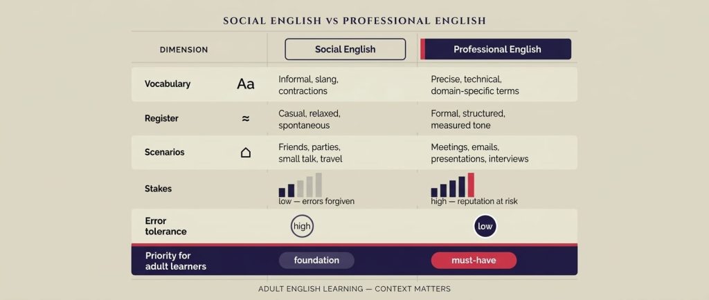 difference between social and professional English for adult learners