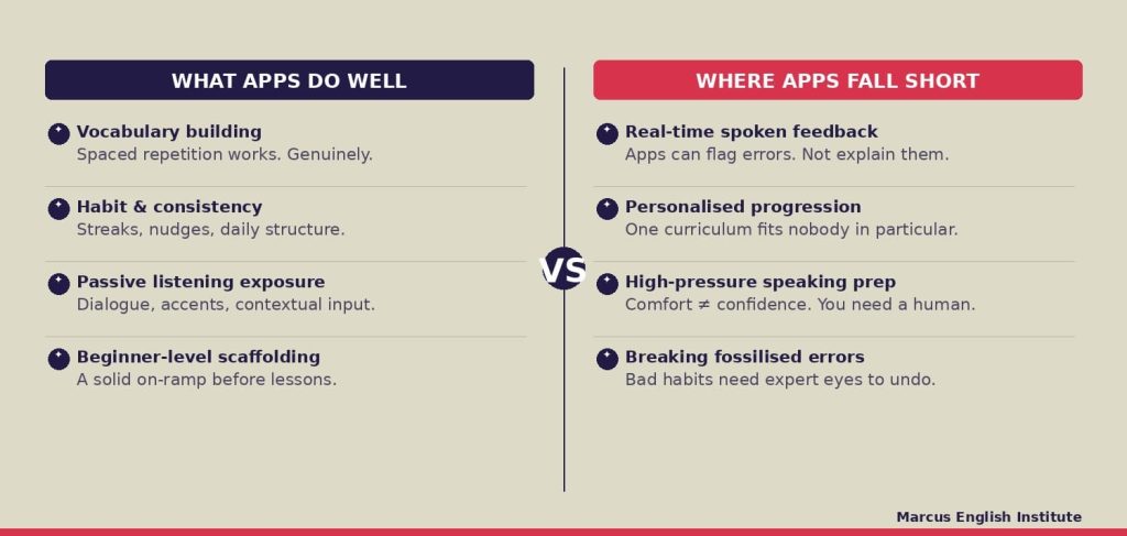 comparison of english learning apps vs online lessons for adults